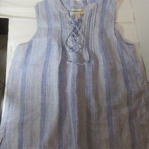 C&C California 100% Linen Blue Striped Short Sleeve Blouse Top Large